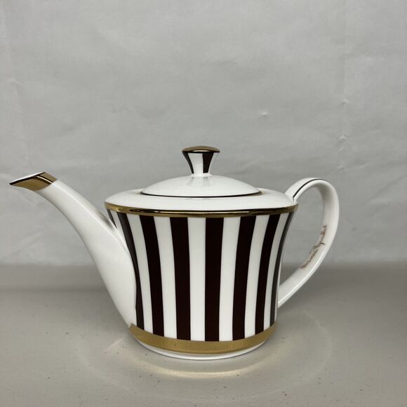 Henri Bendel Striped Teapot Brown White & Gold Bone China Centennial Stripe - Picture 1 of 8